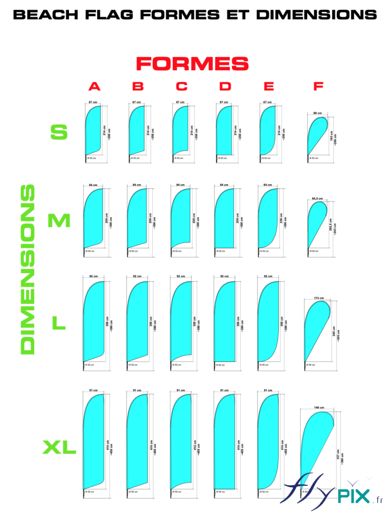 Différentes tailles d'oriflammes sont disponibles, de 2.5 m à 3.90 m de hauteur.