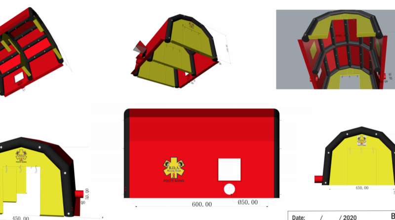 Exemple de BAT (Bon à tirer), pour une tente médicale de premiers soins, air captif étanche, gonflé à l'air avec une pompe et un régulateur de pression