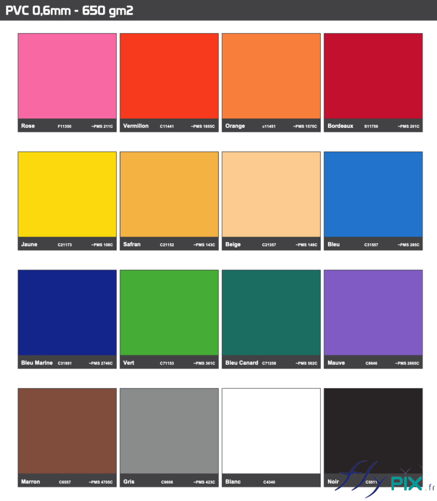 Différentes couleurs disponibles pour le nuancier Pantone PVC 0.6 mm, du fabricant.