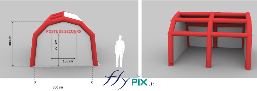 Tente PMA, modèle Croix Rouge Française, 4 X 3 m, air captif, enveloppe PVC 0.6 mm simple peau. Voici le BAT (bon à tirer) de la tente médicale gonflable (Poste Médical Avancé), fabriquée sur mesure par nos soins, à la demande de l'UASC/Association Unité Ambulancière de Sécurité Civile, à Nice, dans le Sud Est de la France.