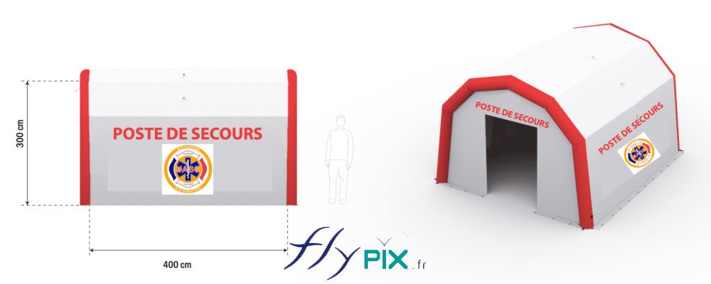 UASC/Association Unité Ambulancière de Sécurité Civile : tente PMA premiers secours air captif 4 x 3 m. Pour l'UASC/Association Unité Ambulancière de Sécurité Civile, basé à Nice, dans le département des Alpes-Maritimes sur la Côte d'Azur, nous avons récemment conçu et fabriqué une tente PMA (Poste Médical Avancé), pour une unité mobile de premiers secours et de premiers soins. Cette structure gonflable à l'air avec une pompe électrique, est air captif, c'est-à-dire gonflée avec une pompe électrique ; le matériau employé est du PVC 0.6 mm simple peau.