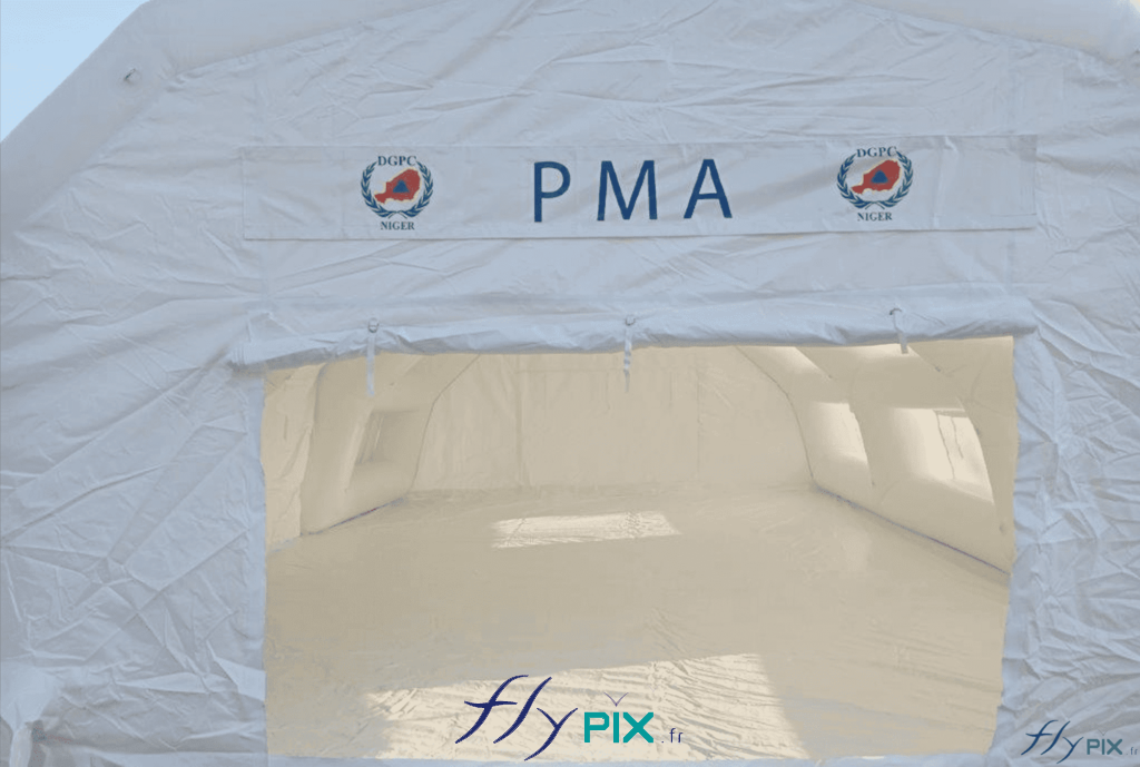 Qté 1 kit tente PMA air captif L = 10 m x l = 6 m x H = 2.75 m, PVC 0,6 mm simple peau, bâche au sol, pompe, 6 lestages, régulateur de pression