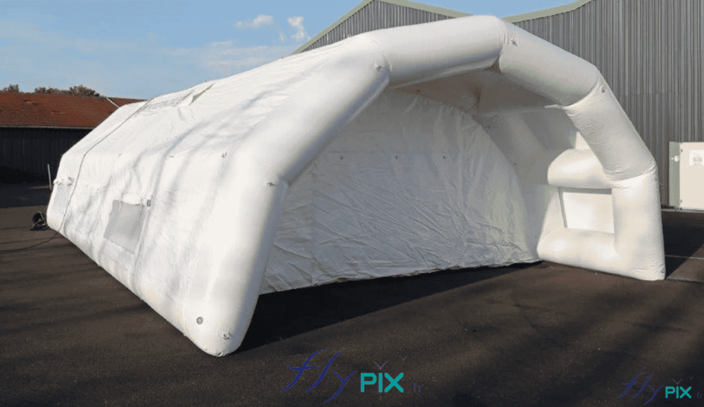 Qté 1 kit tente PMA air captif L = 10 m x l = 6 m x H = 2.75 m, PVC 0,6 mm simple peau, bâche au sol, pompe, 6 lestages, régulateur de pression
