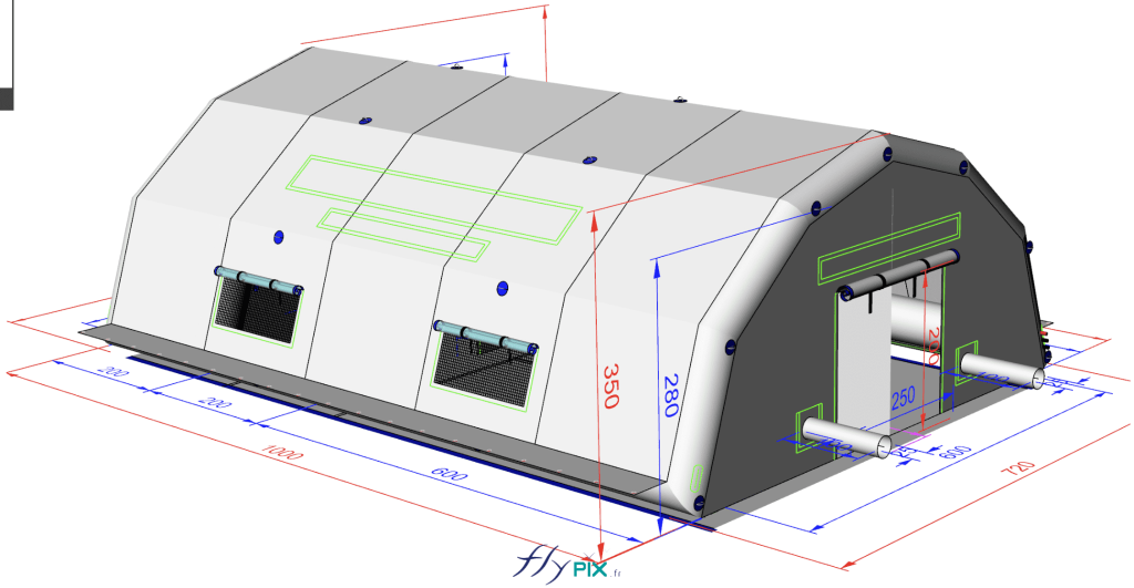 Pour la société Bertrand Export Brisbane, implantée en Australie, nous avons fabriqué sur mesure une tente PMA L = 10 m x l = 6 m, S = 60 m2, air captif, en enveloppe PVC 0.6 mm et 0.45 mm simple peau, avec une bâche au sol amovible. Cet abri gonflable est gonflé à l'air avec une pompe électrique, ce module gonflable peut être déployé et installé sur site en cas d'urgence, très rapidement. C'est un kit complet, livré clef en main, avec la pompe, le régulateur de pression, les cordes de haubanage marine Pro Lancelin, les sacs de lestages à remplir de sable... La surface intérieure prévue d'espace sanitaire de soins ou de travail est de L = 8 m x l = 6 m, soit 48 m2 utiles. Il y a une marquise d'accès externe de dimensions L = 2 m x l = 6 m de S = 12 m2 au niveau de la porte d'accès principale, pour l'accès des véhicules.