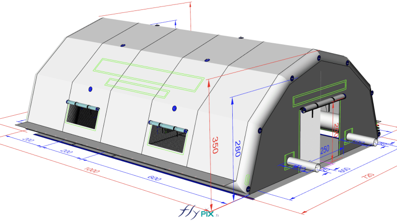 Pour la société Bertrand Export Brisbane, implantée en Australie, nous avons fabriqué sur mesure une tente PMA L = 10 m x l = 6 m, S = 60 m2, air captif, en enveloppe PVC 0.6 mm et 0.45 mm simple peau, avec une bâche au sol amovible. Cet abri gonflable est gonflé à l'air avec une pompe électrique, ce module gonflable peut être déployé et installé sur site en cas d'urgence, très rapidement. C'est un kit complet, livré clef en main, avec la pompe, le régulateur de pression, les cordes de haubanage marine Pro Lancelin, les sacs de lestages à remplir de sable... La surface intérieure prévue d'espace sanitaire de soins ou de travail est de L = 8 m x l = 6 m, soit 48 m2 utiles. Il y a une marquise d'accès externe de dimensions L = 2 m x l = 6 m de S = 12 m2 au niveau de la porte d'accès principale, pour l'accès des véhicules.