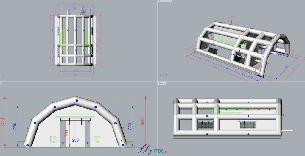 Différentes vues sous différents angles, en 3 dimensions, qui mettent en valeur l'ossature de la tente gonflable PMA ; les boudins d'ossatures de la structure gonflable sont interconnectés entre eux, en enveloppe PVC 0.6 mm simple peau, avec des jointures soudées. Ce type de configuration permet d'obtenir une très grande résistance structurelle, surtout avec une forme d'abri en tunnel demi-lune, qui présente l'avantage d'avoir des contreforts naturels et une clef de voute.