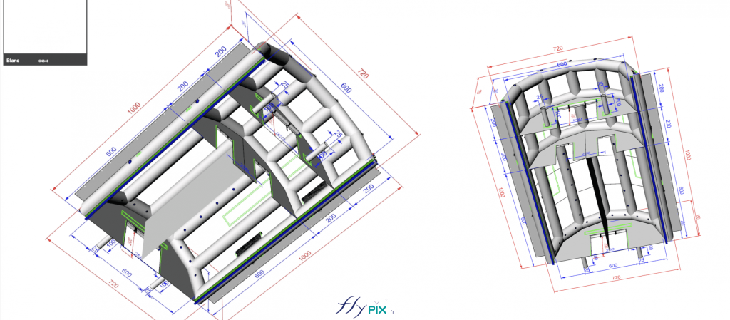 Ce type de représentation est très utile pour visualiser l'ensemble des informations d'un seul tenant, comme par exemple les dimensions utiles intérieures, la configuration générale, les finitions, les accessoires, les agencements au sein de l'abri gonflable médical. Il est utile de présenter la structure gonflable avec et sans les murs, de dessus et de dessous, pour bien montrer la solidité générale.