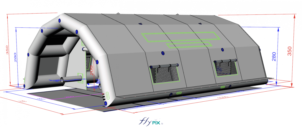 Les dimensions totales intérieures utiles de la tente : L = 10 m x l = 6 m x H = 2.75 m, S = 60 m2. 1 porte principale d'entrée, 1 porte principale de sortie, SANS porte latérale, Fenêtres et points de jour, PVC transparent, avec moustiquaires, volets amovibles, Seront fournis dans le kit 3 murs de cloisons internes amovibles, avec porte amovible, fixations par bandes velcro, permettant de disposer de 3 salles indépendantes. 1 bâche au sol amovible incluse.