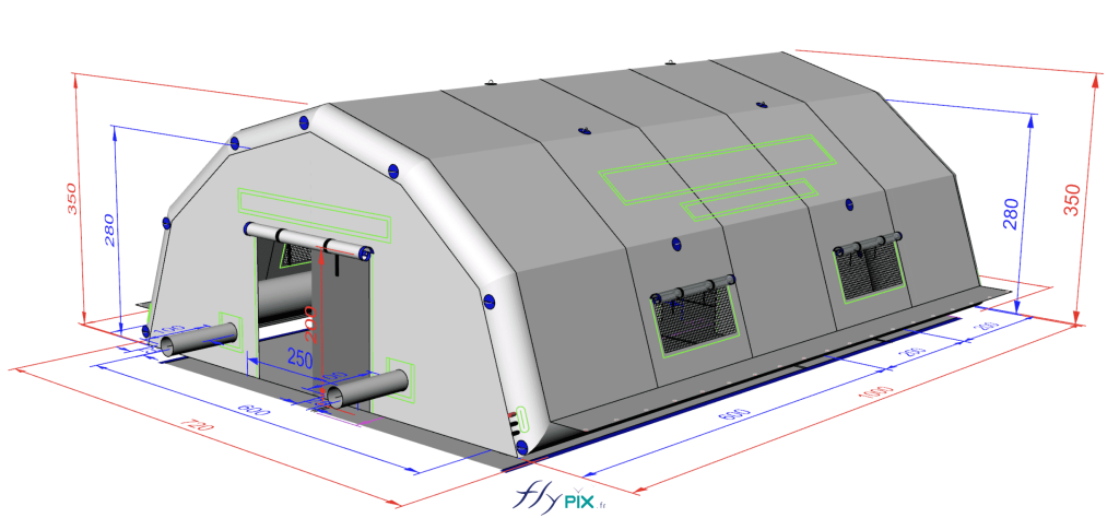 Qté 1 tente PMA modèle du type "Protection Civile du Niger", personnalisé et customisé, Air captif, valve anti-retour, valves de surpression, Gonflé à l'air avec pompe et régulateur de pression, Matériaux : tente hybride, boudins d'ossatures en enveloppe PVC 0.6 mm simple peau étanches, et murs et toitures en enveloppe PVC 0.45 mm simple peau, pour optimiser le poids global, couleur Pantone usine, jointures soudées, Forme : pans coupés, Bavette au sol, Bâche au sol en PVC amovible, fixations velcro, Dimensions totales intérieures : L = 10 m x l = 6 m, S = 60 m2, Hauteur clef de voute : H = 2.5 m, Dimension interne de la zone de travail : L = 8 m x l = 6 m, S = 48 m2, Avec 1 marquise externe de dimensions L = 2 m x l = 6 m, S = 12 m2, 2 portes principales larges pignons, avec bavette au sol, L = 3 m x H = 2 m, Fenêtres incluses : points de jour avec moustiquaires, PVC cristal et volet amovibles pliables, fixations velcro, 2 manchons à air, 2 manchons passe fils électriques, Anneaux et œillet métalliques internes, Anneaux et œillets métalliques externes, Anses et poignées de manutention, Sac de rangement, Kit de réparation, Norme anti-feu LNE France type M2,