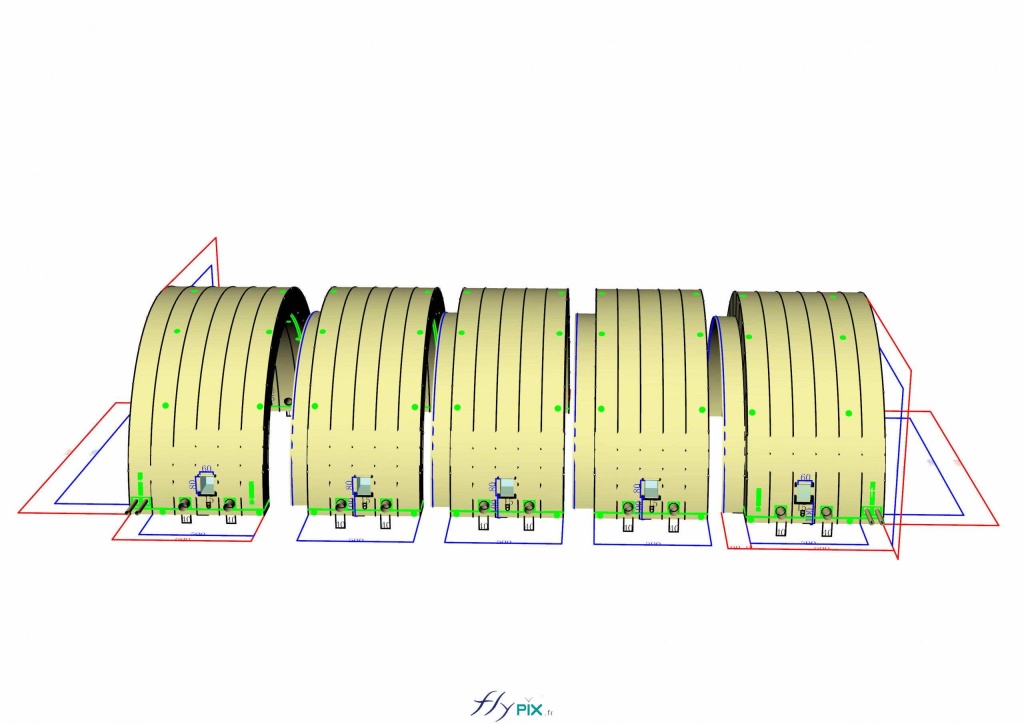 Ci-dessus : une vue en infographie 3D de coté sui montre l'agencement des 5 modules d'abris gonflables. Par module : 2 manchons à air chaud/froid, emplacements et diamètres à définir, systèmes filtration, de climatisation ou de chauffage non fourni + 2 manchons passe fils et gaines électriques. - Copyright : Vivien LAÏLLE/FLYPIX, droits réservés. Ci-dessus : une vue en infographie 3D de coté sui montre l'agencement des 5 modules d'abris gonflables. Par module : 2 manchons à air chaud/froid, emplacements et diamètres à définir, systèmes filtration, de climatisation ou de chauffage non fourni + 2 manchons passe fils et gaines électriques. - Copyright : Vivien LAÏLLE/FLYPIX, droits réservés.