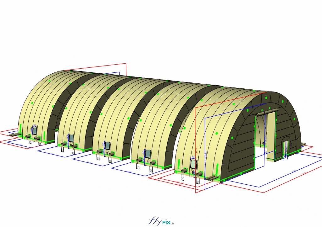 Une autre vue en infographie 3D qui montre le pignon avant du hangar gonflable, avec une grande porte d'accès principale. Il y a aussu les 4 autres modules qui y sont représentés. - Copyright : Vivien LAÏLLE/FLYPIX, droits réservés. Une autre vue en infographie 3D qui montre le pignon avant du hangar gonflable, avec une grande porte d'accès principale. Il y a aussu les 4 autres modules qui y sont représentés. - Copyright : Vivien LAÏLLE/FLYPIX, droits réservés.