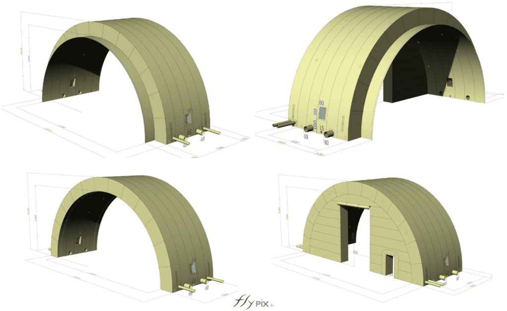 Différentes vues en 3D montrant les modules gonflables L = 5 m x l = 14 m x H = 7 m en forme de tunnel demi-lune. Il y a les modules intermédiaires avec leurs raccordements, et les 2 modules de pignon avant et arrière, avec la porte principale. - Copyright : Vivien LAÏLLE/FLYPIX, droits réservés. Différentes vues en 3D montrant les modules gonflables L = 5 m x l = 14 m x H = 7 m en forme de tunnel demi-lune. Il y a les modules intermédiaires avec leurs raccordements, et les 2 modules de pignon avant et arrière, avec la porte principale. - Copyright : Vivien LAÏLLE/FLYPIX, droits réservés.