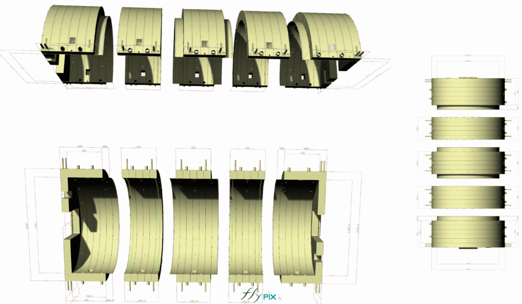 Ci-dessus : une vue d'infographie et de modélisation en 3D qui présente un hangar gonflable militaire L = 25 m x l = 14 m x H = 7 m de 350 m2 en forme de tunnel demi-lune, composé de 5 modules gonflables raccordés ensemble, sous différentes vues : de dessus, de profil et de dessous. Ces types de représentations sont utiles pour favoriser la compréhension et pour guider le choix des commanditaires. - Copyright : Vivien LAÏLLE/FLYPIX, droits réservés. Ci-dessus : une vue d'infographie et de modélisation en 3D qui présente un hangar gonflable militaire L = 25 m x l = 14 m x H = 7 m de 350 m2 en forme de tunnel demi-lune, composé de 5 modules gonflables raccordés ensemble, sous différentes vues : de dessus, de profil et de dessous. Ces types de représentations sont utiles pour favoriser la compréhension et pour guider le choix des commanditaires. - Copyright : Vivien LAÏLLE/FLYPIX, droits réservés.