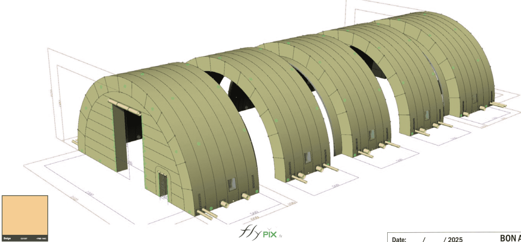 Une autre vue plongeante, de dessus, qui montre le hangar gonflable militaire de dimensions L = 25 m x l = 14 m x H = 7 m, et de surface intérieure utile S = 350 m2. C'est une grande tente gonflable en enveloppe PVC 0.45 mm double peau capitonnée. - Copyright : Vivien LAÏLLE/FLYPIX, droits réservés. Une autre vue plongeante, de dessus, qui montre le hangar gonflable militaire de dimensions L = 25 m x l = 14 m x H = 7 m, et de surface intérieure utile S = 350 m2. C'est une grande tente gonflable en enveloppe PVC 0.45 mm double peau capitonnée. - Copyright : Vivien LAÏLLE/FLYPIX, droits réservés.