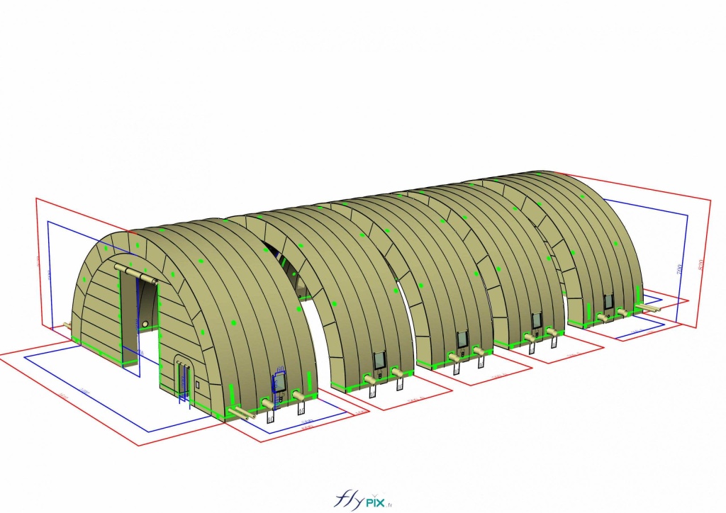 Cette modélisation en 3D, le BAT (bon à tirer), présente le concept du hangar gonflable militaire qui a été validé par le commanditaire. L'abri gonflable militaire en forme de tunnel demi-lune, est composé de 5 modules, qui une fois assemblés, permettent d'obtenir une longueur totale de L = 25 m, et une largeur de 14, m, et une hauteur de clef de voûte à H = 7 m. Cela représente un volume intérieur utile de grande surface S = 350 m2, qui sera nécessaire aux déploiements des officiers, soldats, militaires et des parachutistes, dans le cadre d'opérations militaires en cas de conflits armés et en zones de guerres. Nous avons la possibilité, grâce à notre savoir-faire et à nos compétences, avec le conseil et l'accompagnement de notre équipe de techniciens et d'ingénieurs, de fabriquer sur mesure des abris, tentes et hangars gonflables militaires de différentes tailles, pour de nombreux types d'usages et de besoins. - Copyright : Vivien LAÏLLE/FLYPIX, droits réservés. Cette modélisation en 3D, le BAT (bon à tirer), présente le concept du hangar gonflable militaire qui a été validé par le commanditaire. L'abri gonflable militaire en forme de tunnel demi-lune, est composé de 5 modules, qui une fois assemblés, permettent d'obtenir une longueur totale de L = 25 m, et une largeur de 14, m, et une hauteur de clef de voûte à H = 7 m. Cela représente un volume intérieur utile de grande surface S = 350 m2, qui sera nécessaire aux déploiements des officiers, soldats, militaires et des parachutistes, dans le cadre d'opérations militaires en cas de conflits armés et en zones de guerres. Nous avons la possibilité, grâce à notre savoir-faire et à nos compétences, avec le conseil et l'accompagnement de notre équipe de techniciens et d'ingénieurs, de fabriquer sur mesure des abris, tentes et hangars gonflables militaires de différentes tailles, pour de nombreux types d'usages et de besoins. - Copyright : Vivien LAÏLLE/FLYPIX, droits réservés.