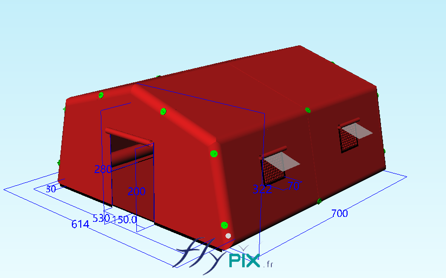 Une vue de modélisation en 3D qui présente un abri gonflable poste médical avancé de dimensions L = 7 m x l = 5.3 m, S = 37 m2, air captif, en enveloppe PVC 0.6 mm simple peau. Cette structure gonflable de surface S = 37.1 m2, sans aucun éléments métalliques, est gonflée d'un seul tenant, grâce à une pompe électrique. L'abri de premiers secours est doté de 4 fenêtres et d'une grande porte d'accès principale. - Copyright Vivien LAÏLLE/FlyPix, droits réservés, reproduction interdite.