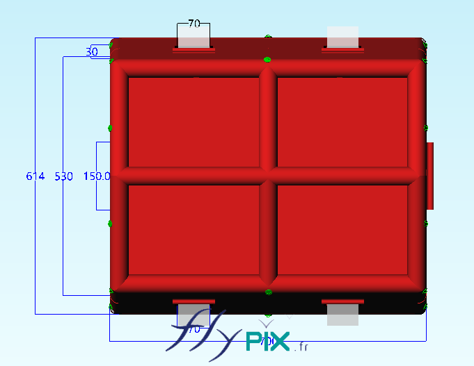 Cette sur vue en 3D, nous observons la tente gonflable PMA vue de dessus, avec les boudins d'ossatures. - Copyright Vivien LAÏLLE/FlyPix, droits réservés, reproduction interdite.