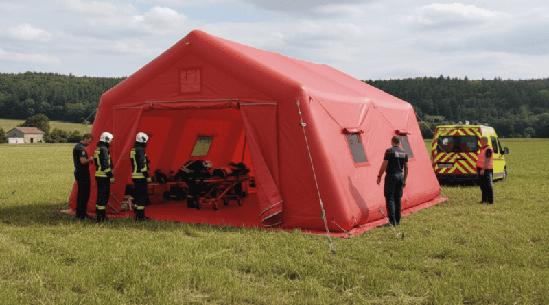 Une autre vue montrant une simulation de l'installation de la tente gonflable médicale, ici en zone urbaine, en ville. Cet abri gonflable est un poste de premiers secours qui peut être installé très rapidement en quelques minutes, en cas d'urgence, pour porter assistance à des personnes victimes d'accidents de la route, de malades, en cas d'épidémies ou de catastrophes naturelles, suite à des tremblements de terre ou bien en cas d'attaques terroristes. Nos tentes gonflables prennent peu de place une fois plié, et se gonflent très rapidement d'un seul tenant, en quelques minutes. La structure gonflable est un module qui protège médecins urgentistes, pompiers ou militaires ou les patients, les vistimes et les malades de la pluie, du vent et des intempéries. Tout en conservant la discretion. - Cette image a été générée par IA, grâce à GEMINI, à partir des vues de modélisations en 3D du BAT (bon à tirer) créées par notre infographiste et validées par le commanditaire, et aussi à partir de photos et de prises de vues réelles de certains détails de la tente gonflable, prises directement dans notre atelier de fabrication. Média partiellement généré par une IA et vérifié par un agent. - Copyright Vivien LAÏLLE/FlyPix, droits réservés, reproduction interdite.
