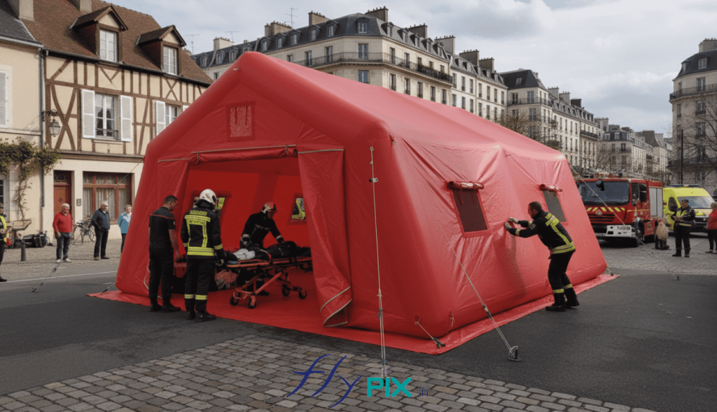 Une vue de simulation, une mise en situation, présentant le concept de l'une de nos tentes gonflables de premiers secours. Ici la version de surface S = 37 m2. Dans cette scène de déploiement de soins après de victimes, au bord d'une route de campagne, suite à un accident de la route, l'abri gonflable médical a été installé par les urgentistes. Cette tente gonflable PMA est une structure gonflable air captif, fabriquée sur mesure par nos soins dans nos ateliers en France à Orléans. Elle est gonflée à l'air avec une pompe électrique, cet abri gonflable est entièrement fabriqué en enveloppe PVC 0.6 mm simple peau, aux jointures soudées. - Cette image a été générée par IA, grâce à GEMINI, à partir des vues de modélisations en 3D du BAT (bon à tirer) créées par notre infographiste et validées par le commanditaire, et aussi à partir de photos et de prises de vues réelles de certains détails de la tente gonflable, prises directement dans notre atelier de fabrication. Média partiellement généré par une IA et vérifié par un agent. - Copyright Vivien LAÏLLE/FlyPix, droits réservés, reproduction interdite.